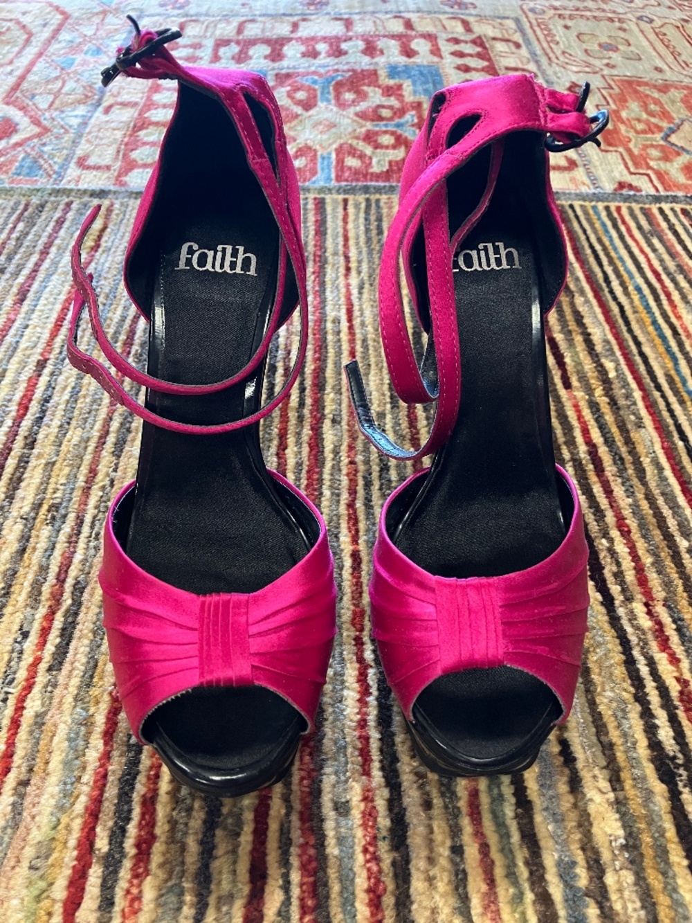Women's Faith UK Pink Fuchsia Black Satin  High Heels - USA 6 (UK 4)